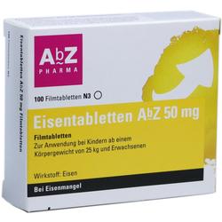 Verpackung von Eisentabletten AbZ 50 mg zur Behandlung von Eisenmangel.